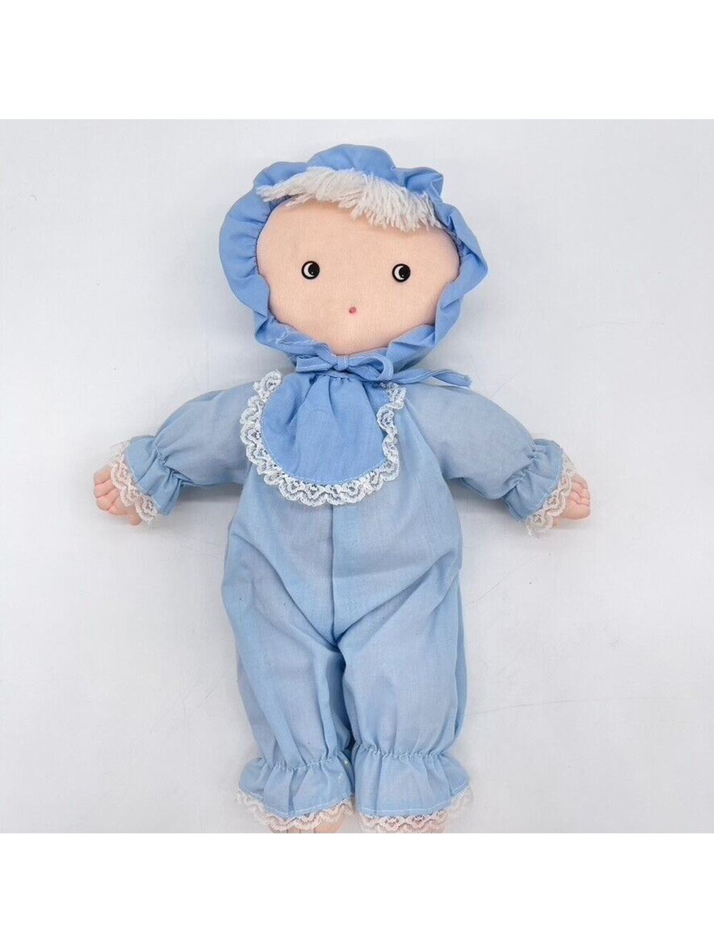 Vintage Dayton Hudson 16" Blue Cloth Doll Bonnet Lace Bib for Target White Hair